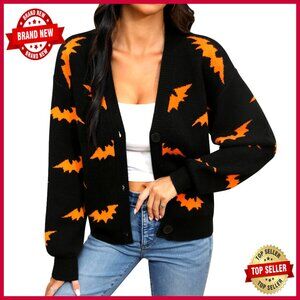 Cropped Skeleton Knit Cardigan Long Sleeve V-Neck Button Down Sweater